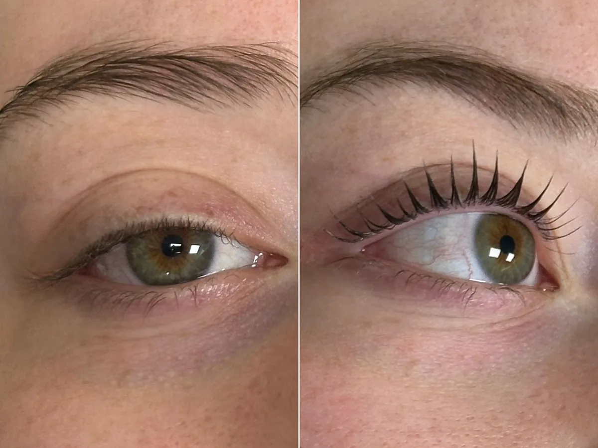 Korean lash lift before and after at Veloura in Vaughan — natural lashes lifted and curled, no extensions