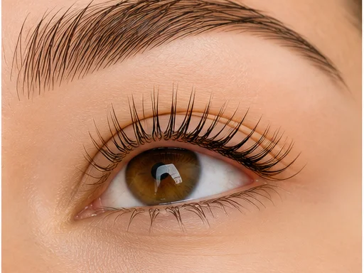 Close-up of naturally curled, lifted lashes after a Korean lash lift