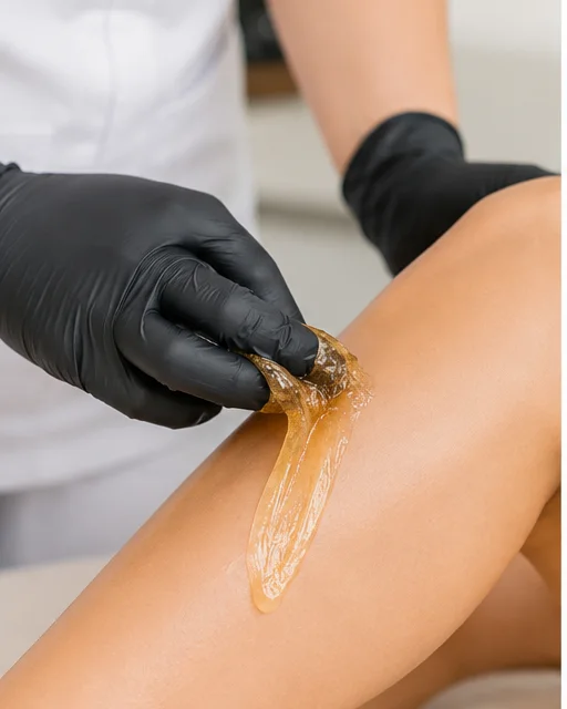 Esthetician applying warm sugar paste to a client’s leg during a body sugaring treatment at Veloura