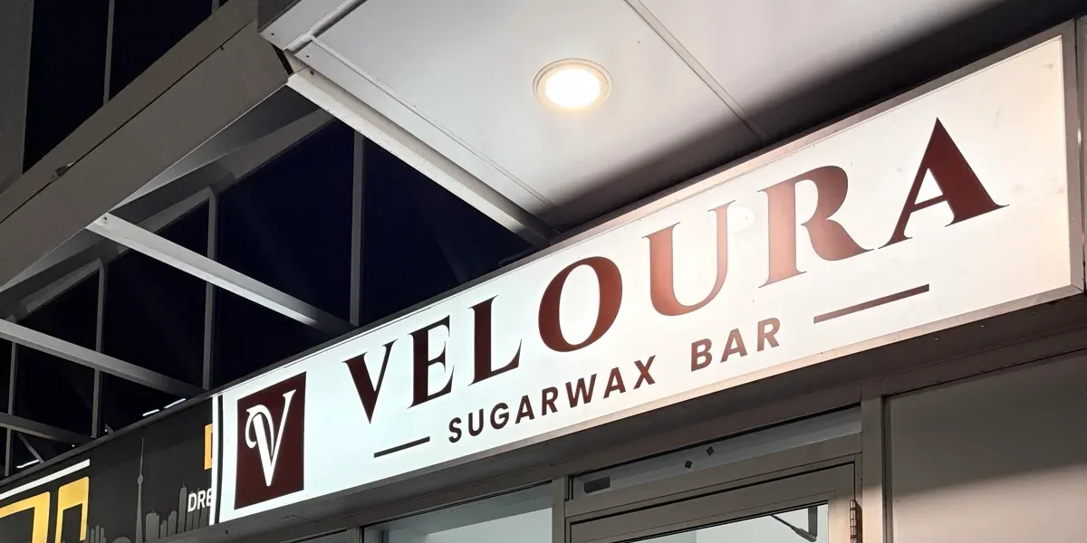 Veloura Sugarwax Bar storefront sign at 7611 Pine Valley Dr, Unit 7, Woodbridge, Vaughan ON